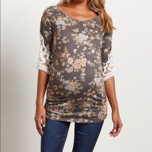 Charcoal Floral Crochet Sleeve Maternity Top